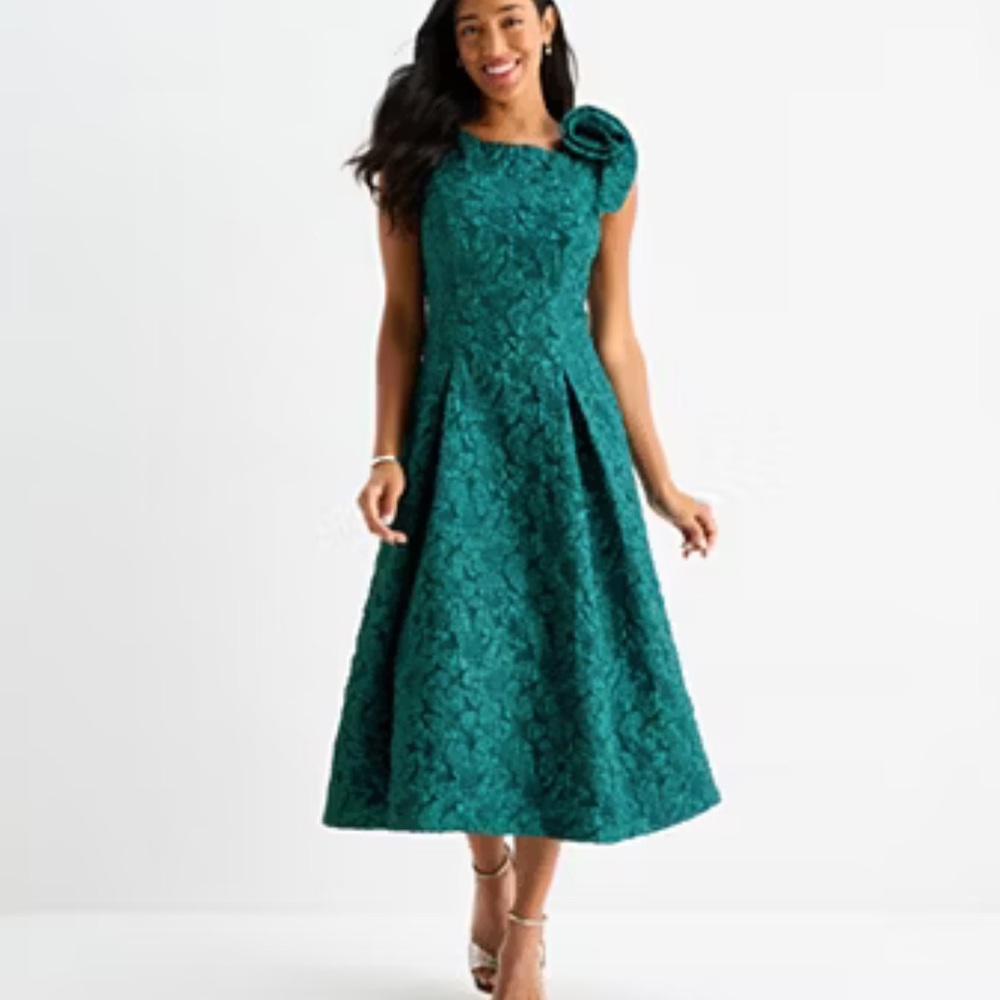Brianna Melay Emerald Green A-Line Midi Dress with Shoulder Rosette sz 14 NWT